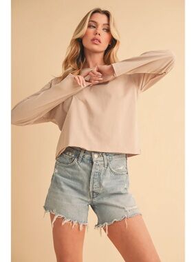 Relaxed Crewneck Long-Sleeve Crop Top in Light Beige
